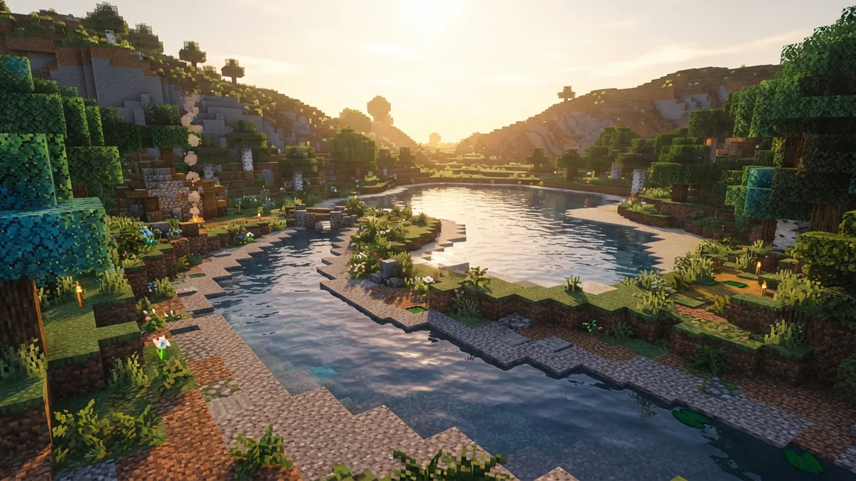 Natural river and lake layout Minecraft-inspired river and lake terrain with gravel banks, hills, and trees