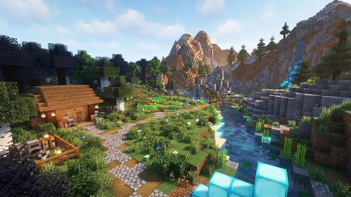 Blended biome landscape Blended Minecraft biomes with forest, grassland, rocky hills, and a clear path