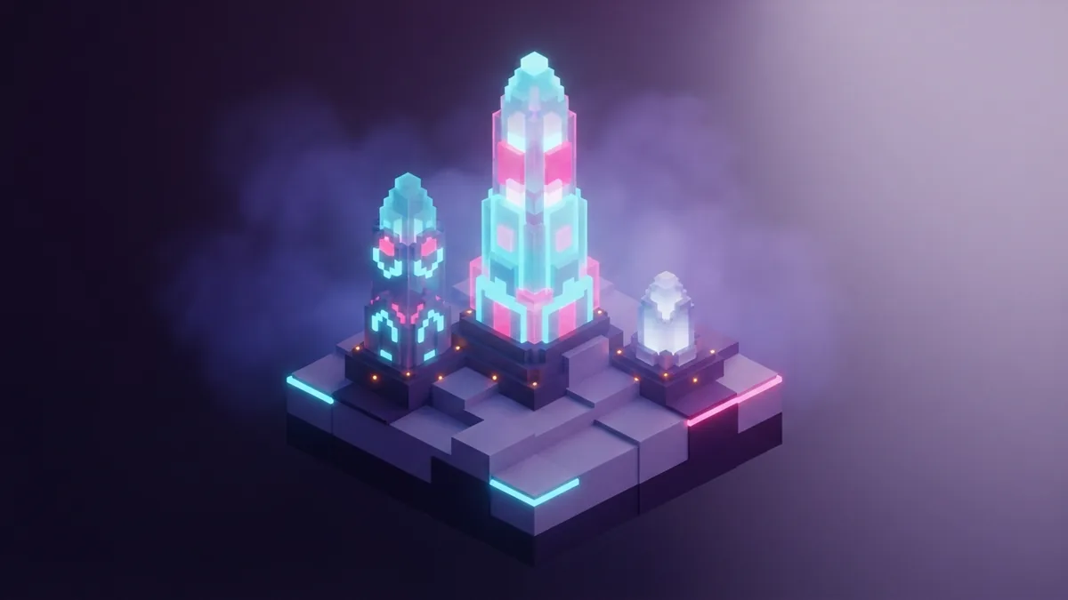 Three abstract voxel towers show different Java release choices in a glowing scene