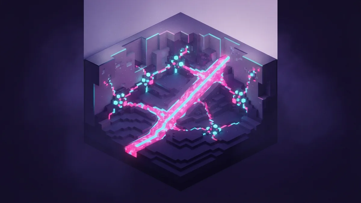 Organized glowing voxel nodes inside a Linux-inspired underground cutaway