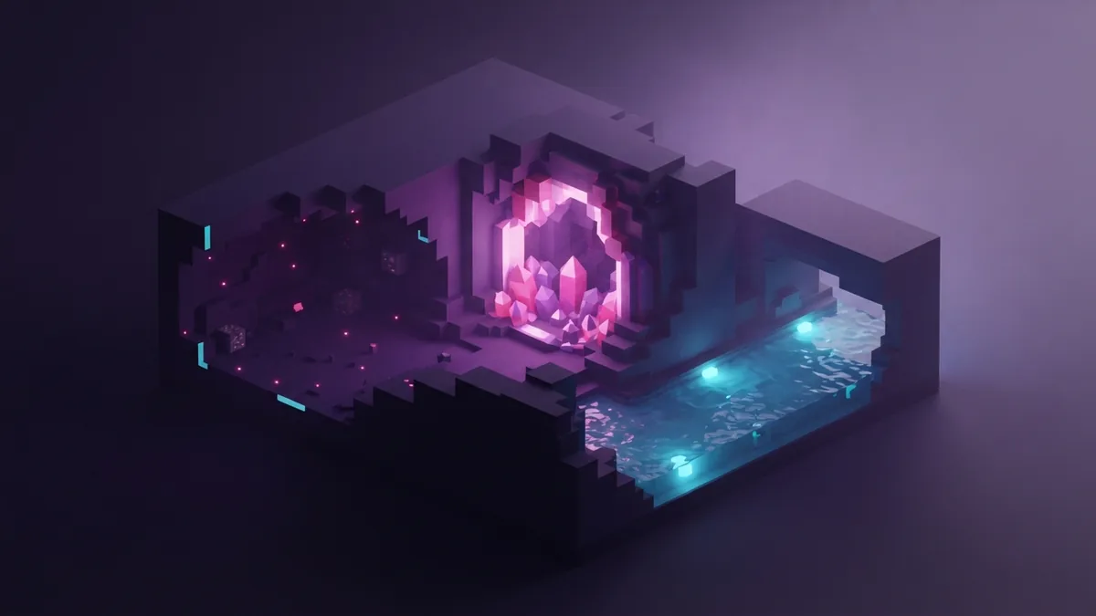 Where underground geodes can appear Amethyst geode exposed beside a deep cave and flooded underground tunnel