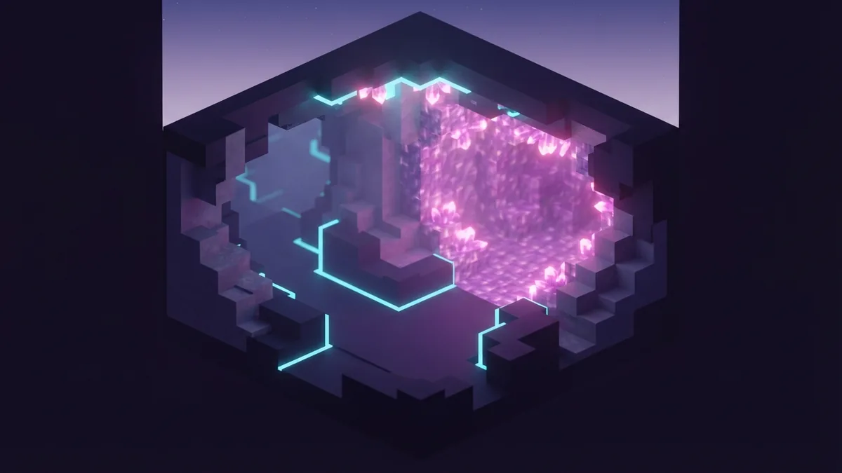 Spotting a geode through a cave wall Cave tunnel revealing smooth basalt and a glowing amethyst chamber