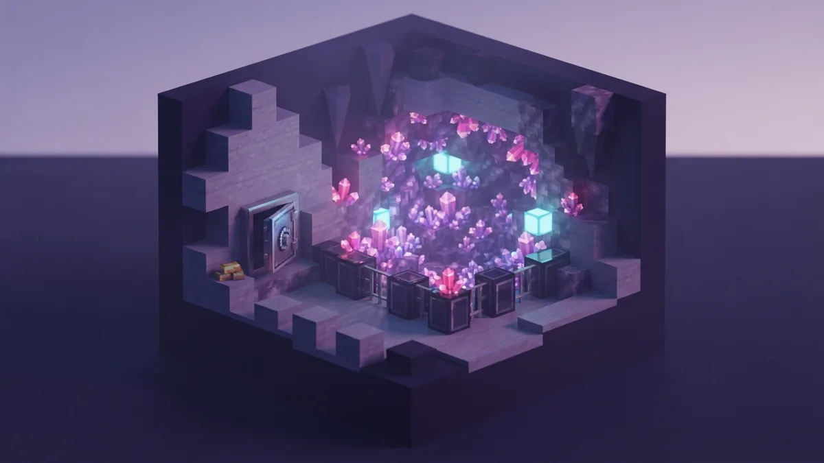 Safe amethyst geode chamber with protected crystal clusters and dark basalt walls