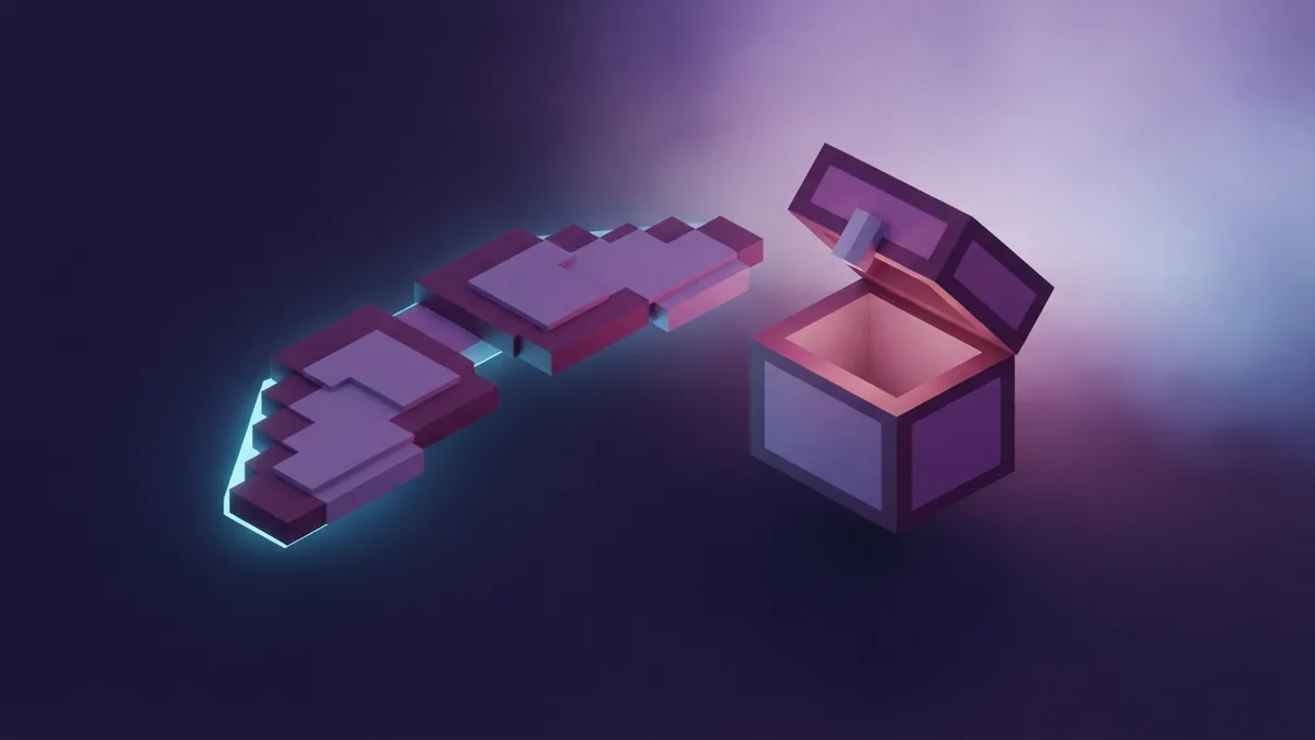 Equipping glider wings Angular voxel glider wing beside a chest armor slot in purple light