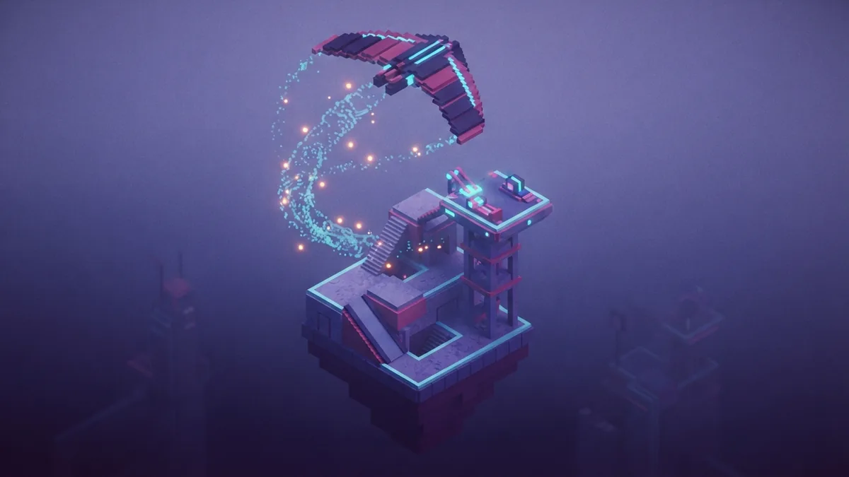 Gaining height with a glider Voxel glider rising above a floating launch tower with cyan trails