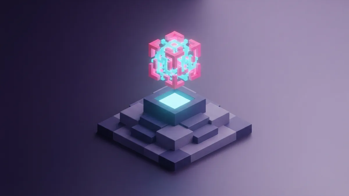 Glowing voxel upload pedestal holding a custom skin cube in violet haze