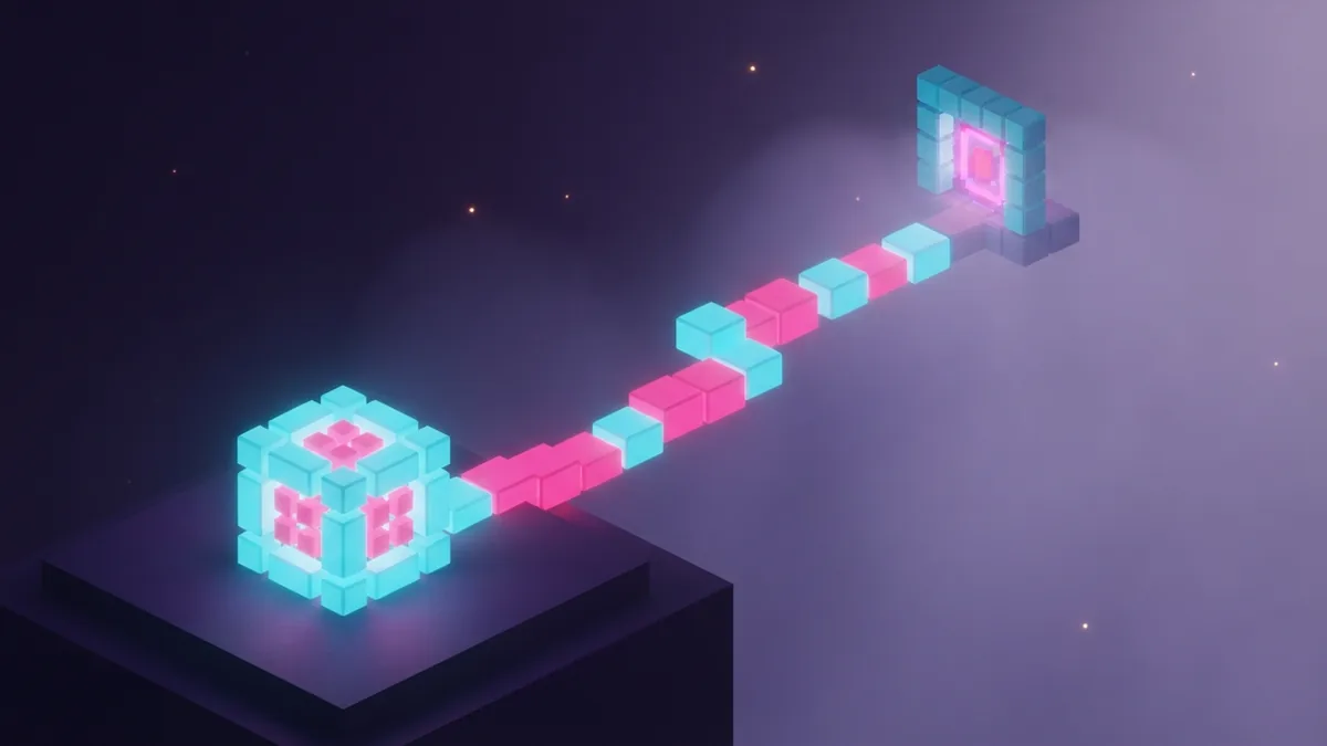 Skin cube beside a glowing gateway Luminous voxel skin cube beside a gateway on a violet pathway