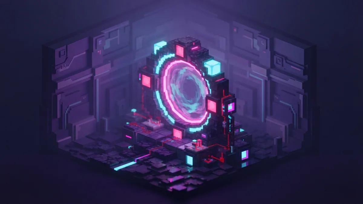 Geometric voxel portal mechanism glowing inside a quiet indigo chamber