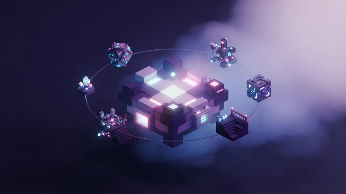 Multiple voxel skin designs in orbit Several custom voxel texture cubes orbiting a glowing platform in violet mist