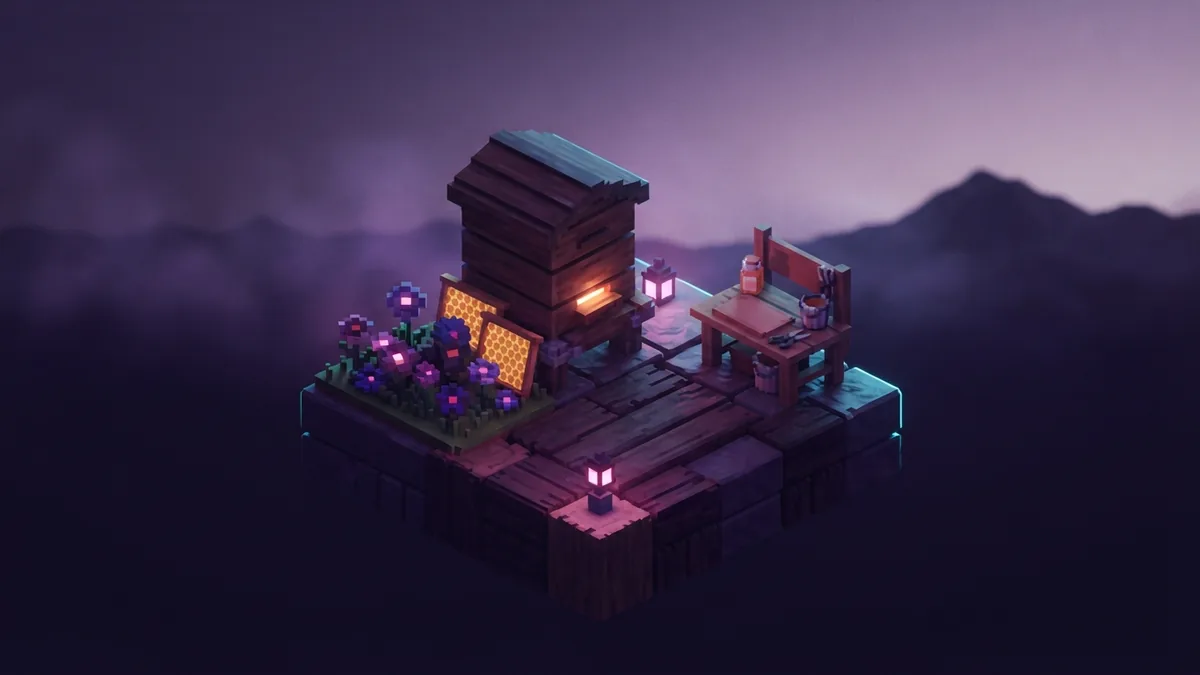 Setting up a safe beehive Crafted voxel beehive with honeycombs and flowers on a night platform