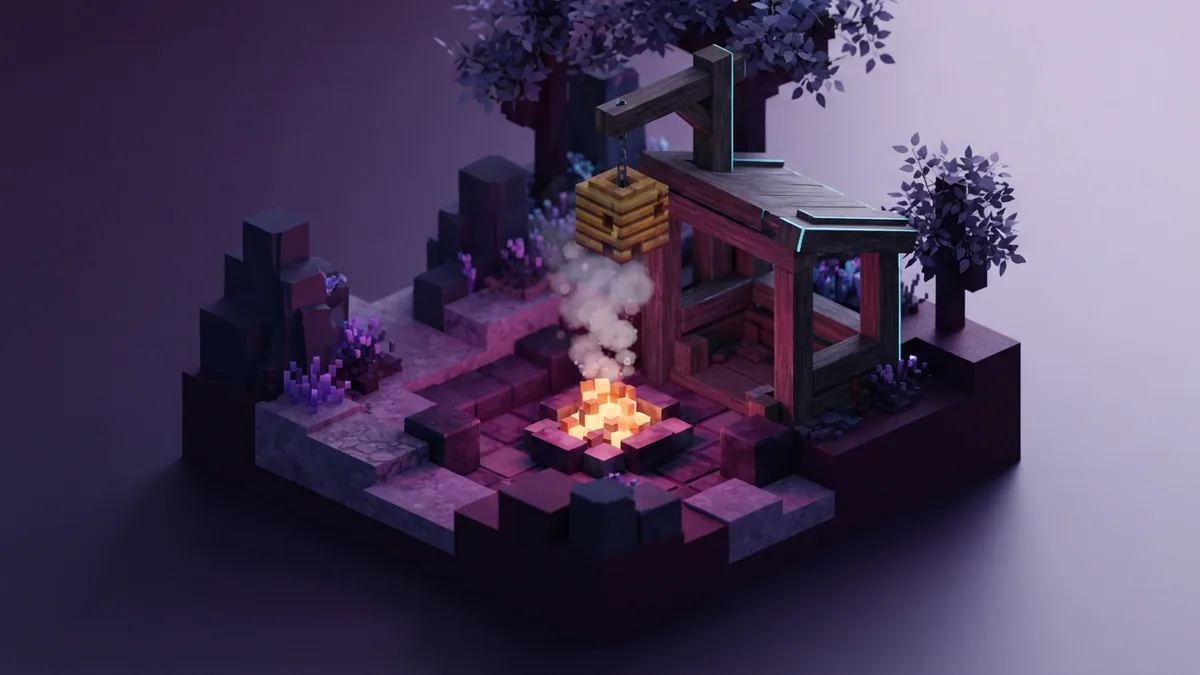 Safe honey collection setup Voxel beehive with a sheltered campfire for safe honey collection