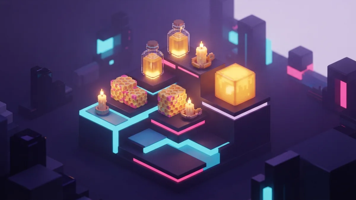 Honey crafting materials and blocks Honey bottles, honeycombs, candles, and honey blocks in a voxel scene
