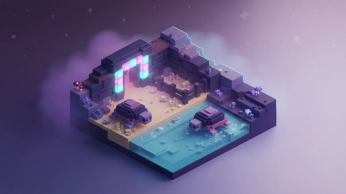 Sheltered voxel turtle pen beside a sandy beach and glowing shallow water under violet night light