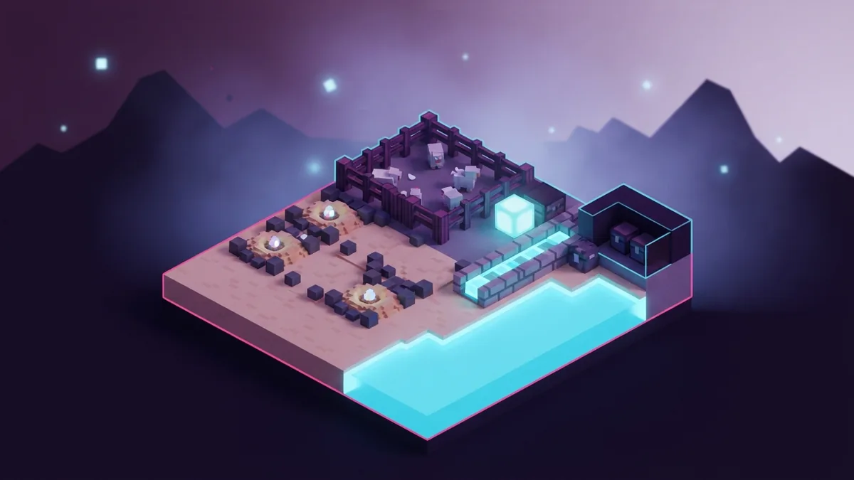 Protected voxel turtle farm with fenced sand nests, water channel, and soft cyan collection glow