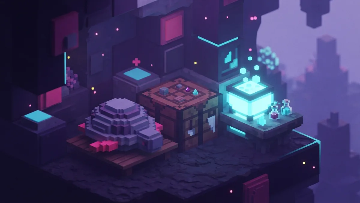 Voxel crafting scene with turtle shell form and glowing brewing vessel in an indigo workshop