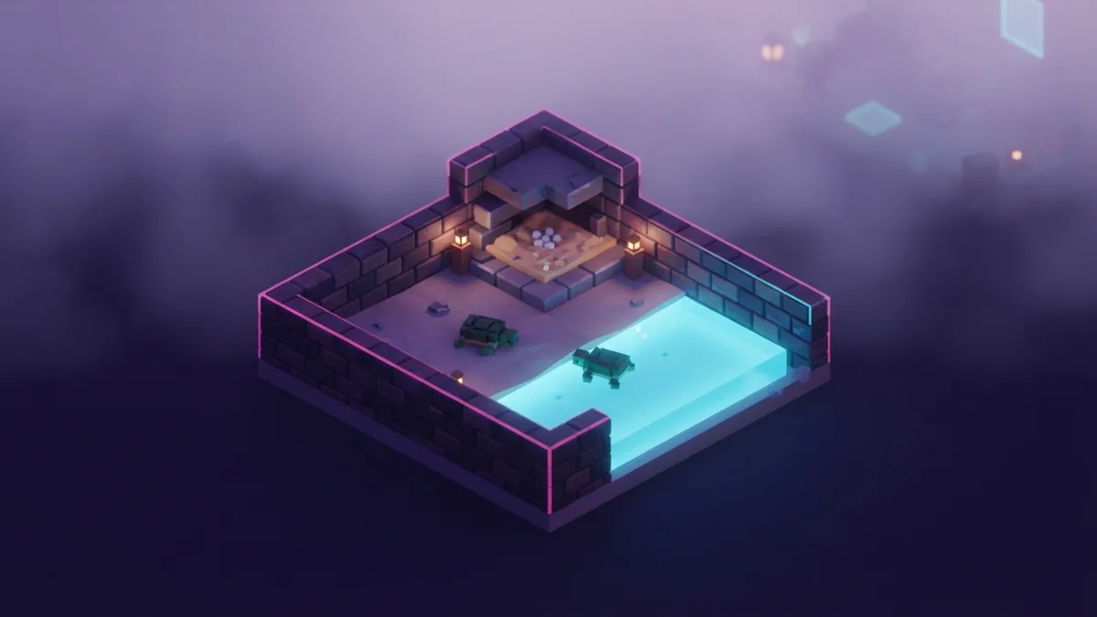 Safe turtle habitat design Compact voxel turtle habitat with sand, shallow water, walls, and sheltered nesting space