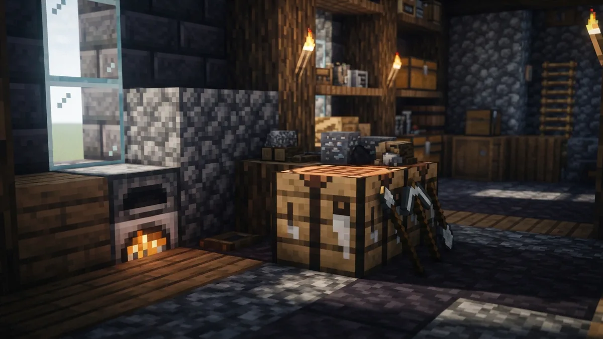 Materials for a Minecraft furnace Minecraft crafting table with cobblestone and furnace materials arranged nearby