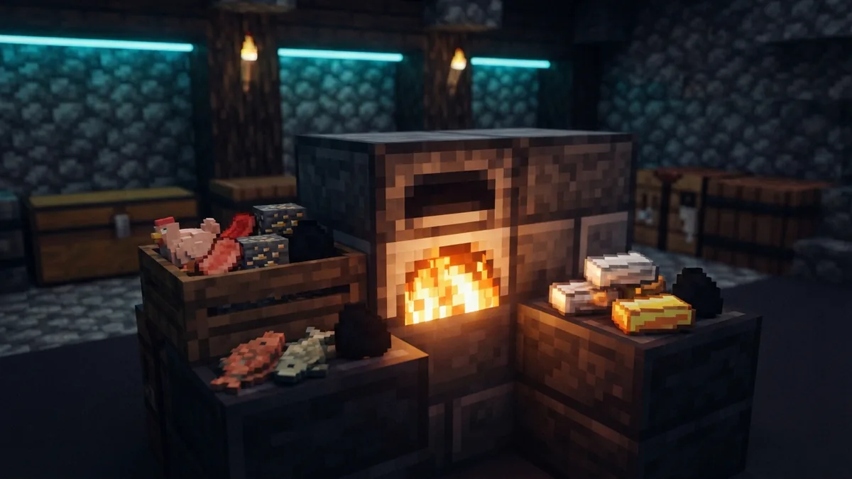 Minecraft furnace cooking food and smelting ore with fuel beside it