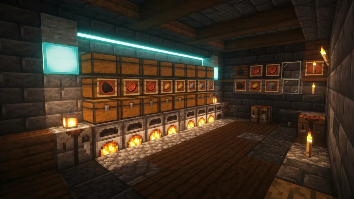 Efficient furnace setup in Minecraft Multiple Minecraft furnaces arranged beside storage chests in a base