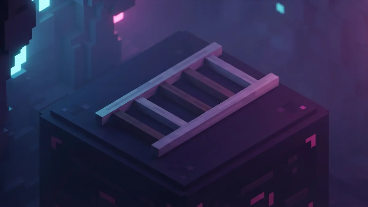 The seven-stick ladder recipe Seven sticks arranged in a ladder recipe beside a voxel workbench