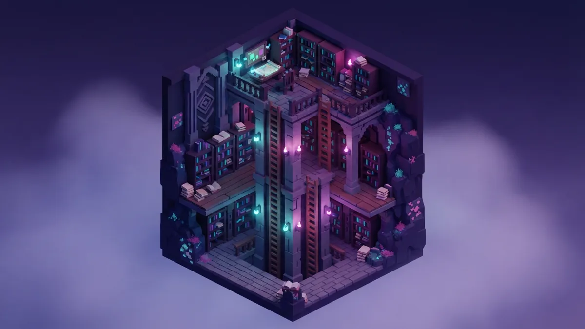 Ladders inside a stronghold passage Voxel stronghold passage with ladders leading toward an upper library