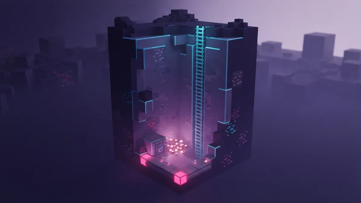 A safe ladder route in a mine shaft Safe voxel mine shaft with a ladder line and glowing climbing route