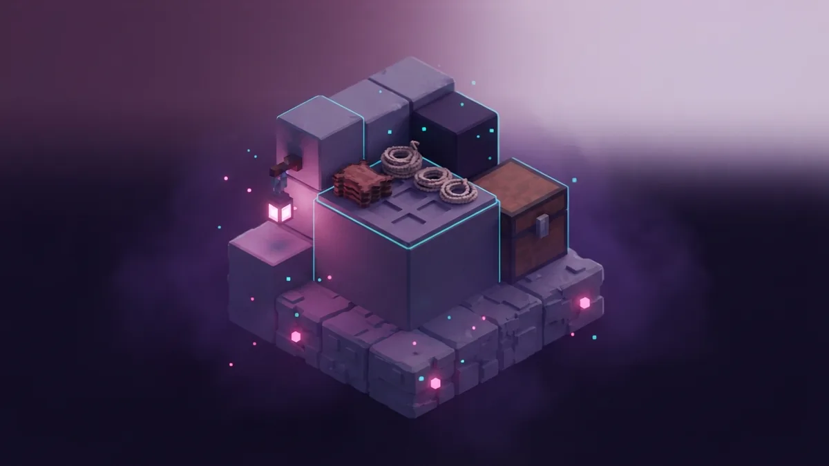 Voxel crafting setup with leather, string, chest, and backpack materials