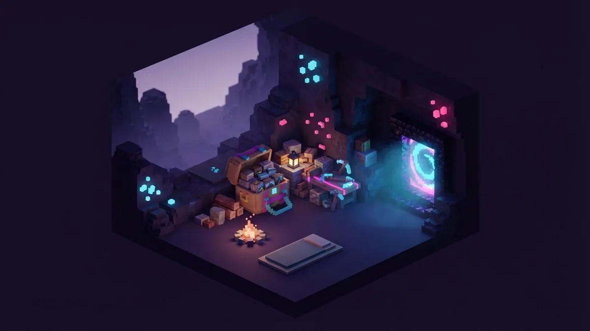 Using a backpack underground Voxel cave camp with an open backpack storing tools and travel supplies