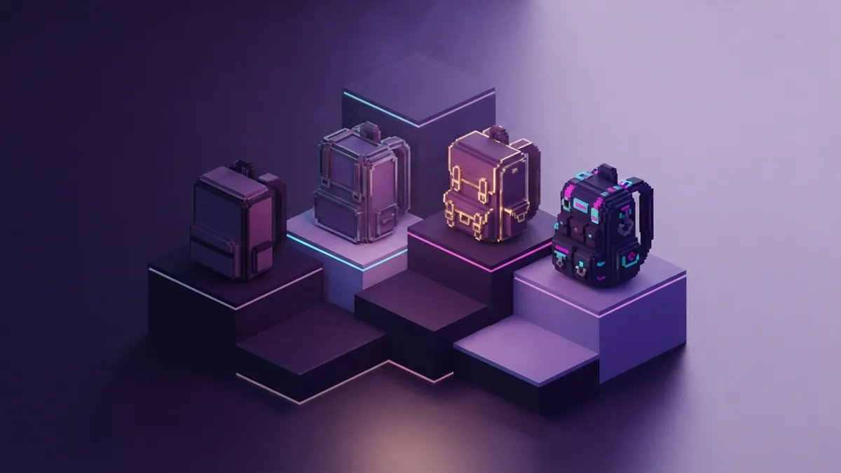 Backpack tiers and types Four voxel backpack types arranged by size and material in colored night light