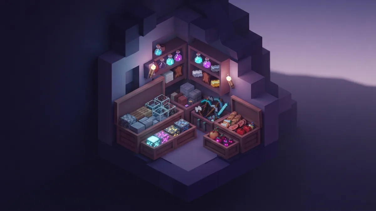 Organized backpack storage Organized voxel backpack storage with grouped tools, food, blocks, and ore