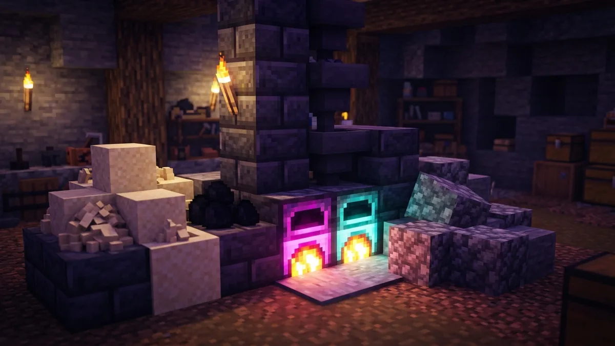 Minecraft furnace setup with sand and fuel ready to smelt clear glass