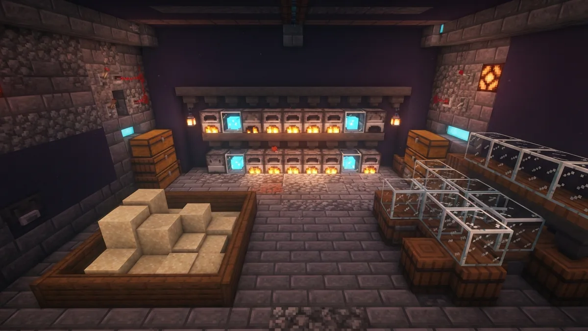 Smelting sand into clear glass Minecraft furnace room with rows of furnaces producing clear glass blocks