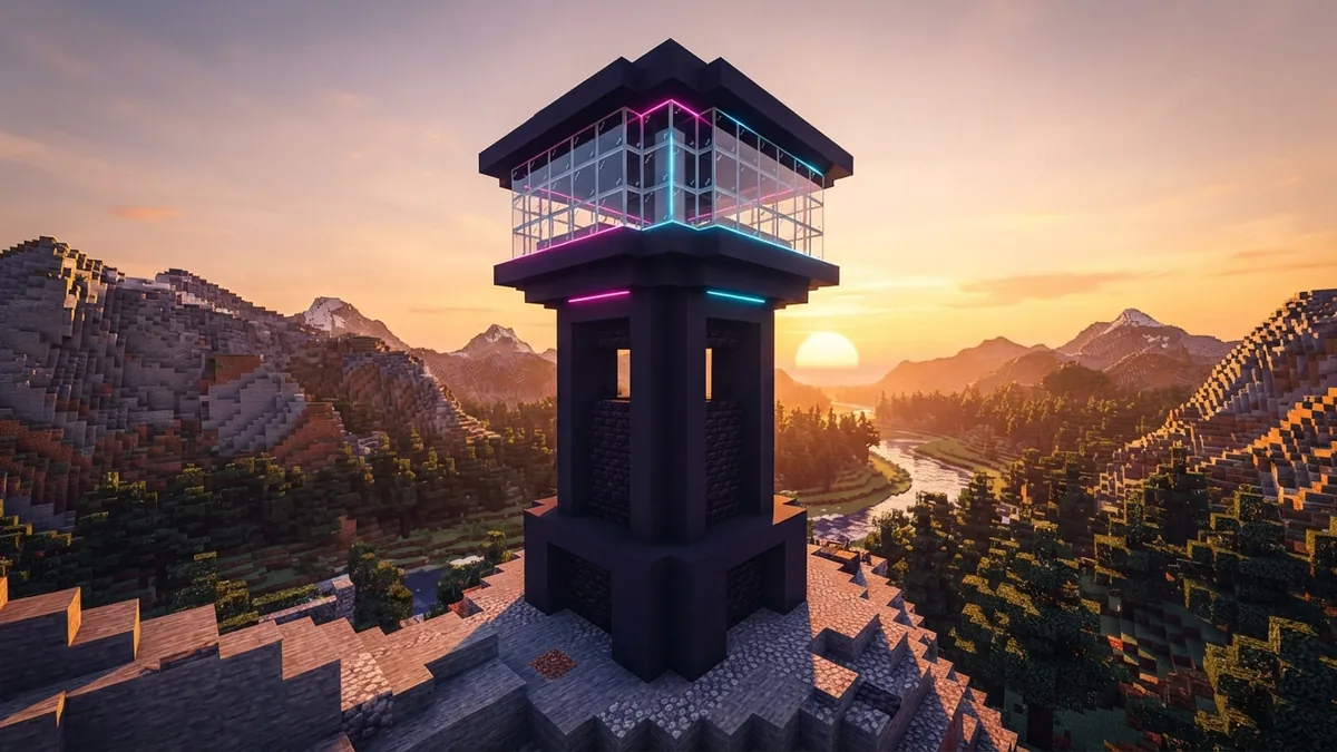 Minecraft tower using clear glass walls to show mountains and a sunset landscape