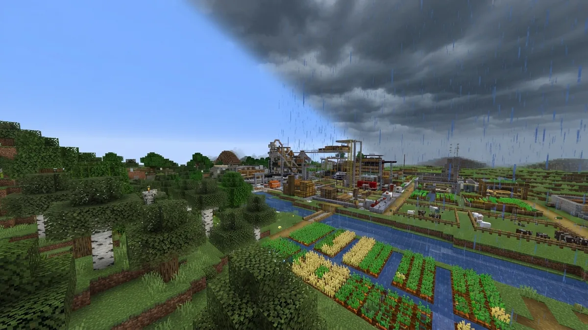 Rain begins over a Minecraft build area Minecraft creative world with rain falling over trees, crops, and a grassy build area