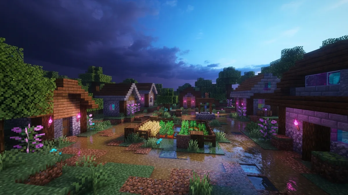 Minecraft settlement clearing after rain with bright sky and wet paths