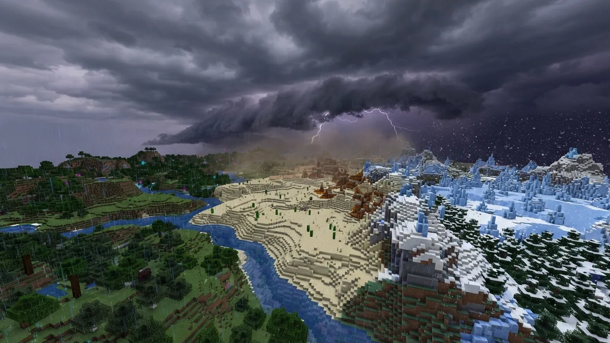 Minecraft biomes showing rain, snow, and dry desert weather in one landscape