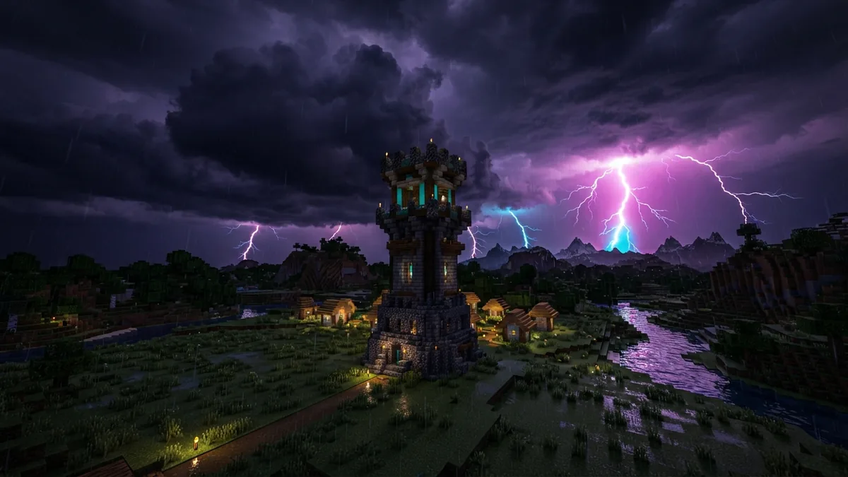 Minecraft thunderstorm with lightning over a tower and open field