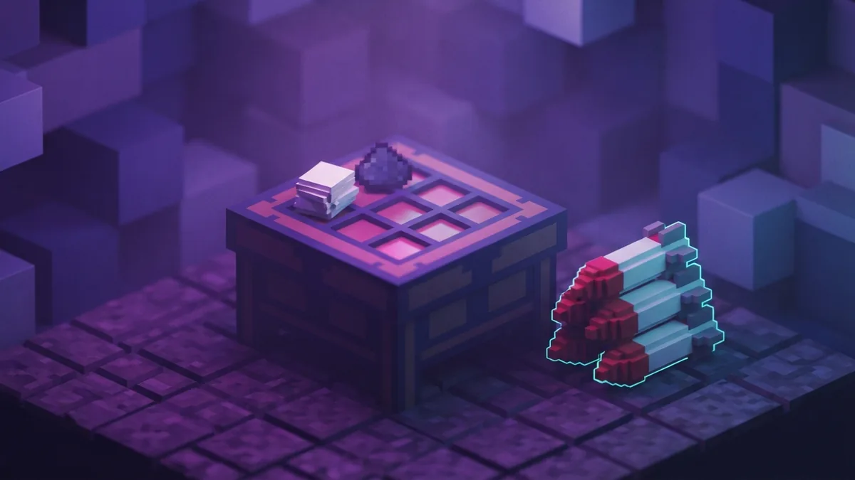 Voxel crafting table with paper, gunpowder, and finished rockets ready to use