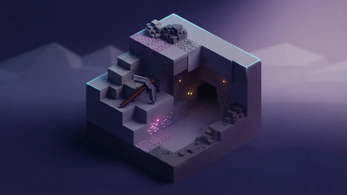 Isometric voxel cave with exposed stone and a pickaxe near the entrance
