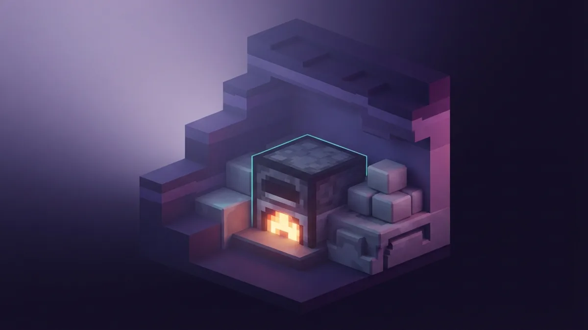 Smelting stone in a furnace Voxel furnace with finished smooth stone blocks in a calm cave setting