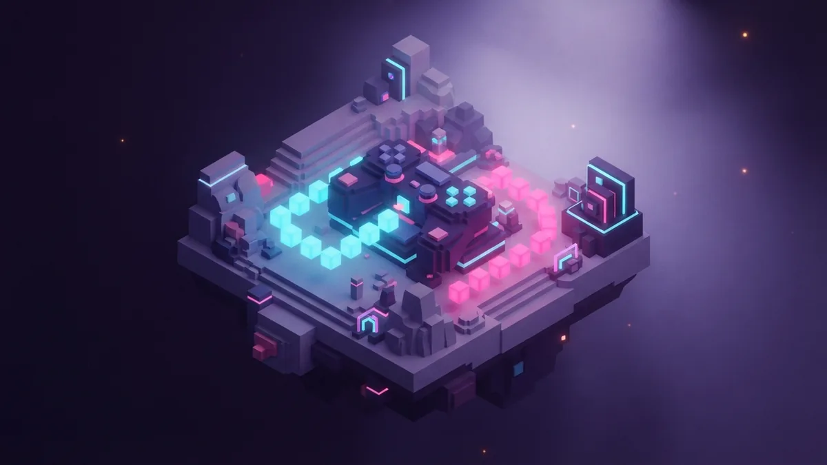 Isometric voxel controller mechanism with glowing paths for smooth movement and camera control