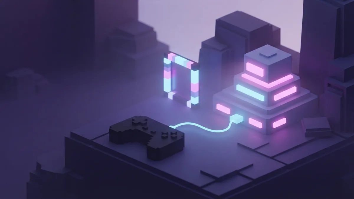 Direct controller setup for Bedrock play Generic controller connected to a glowing voxel console beside a portal structure