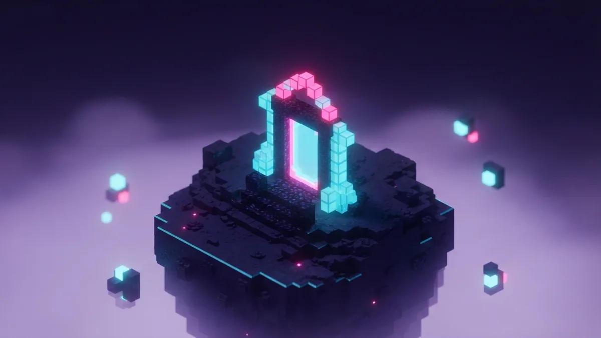 A cyan-lit voxel exit gateway on a quiet floating island in violet fog