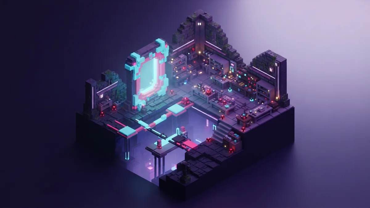 A player-built voxel ruin with glowing blocks and a portal in violet haze