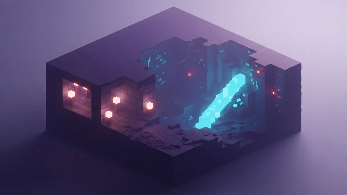 Branch mining tunnel reaching lapis ore Torch-lit voxel branch mine leading to a blue lapis lazuli ore vein