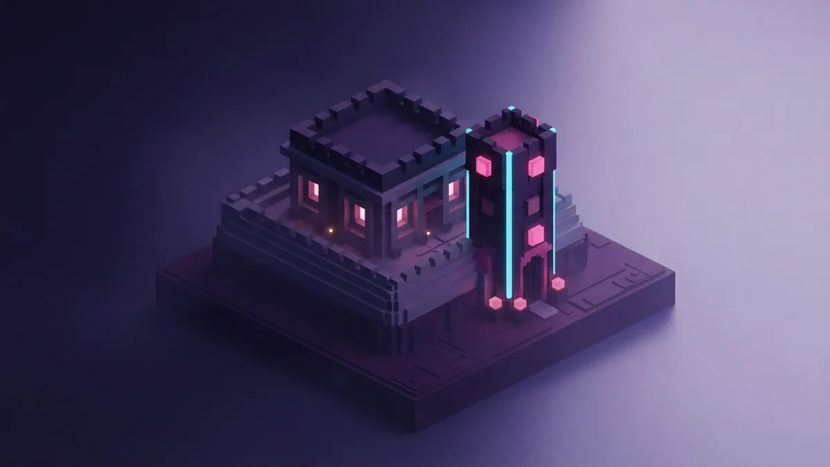 Voxel fortress with stepped walls, a tall tower, and glowing cyan edges in violet fog