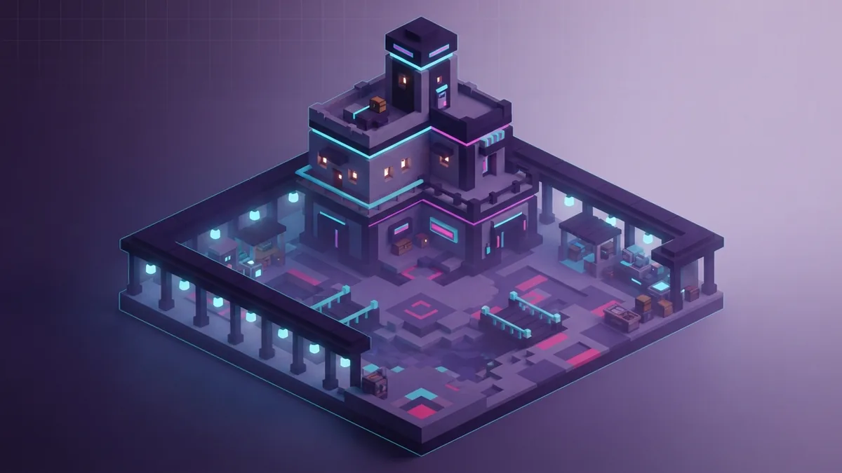 Voxel base courtyard with covered paths, lamps, small sheds, and open space