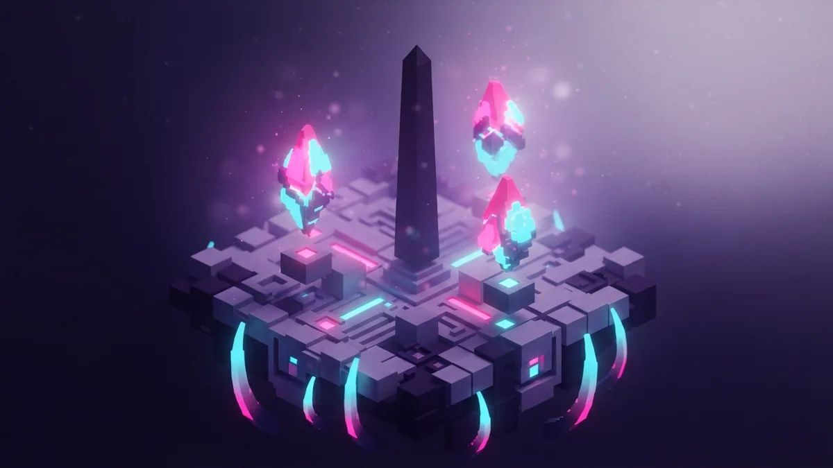 Voxel magic and ground spike effects Abstract voxel magic display with floating forms and glowing ground spikes