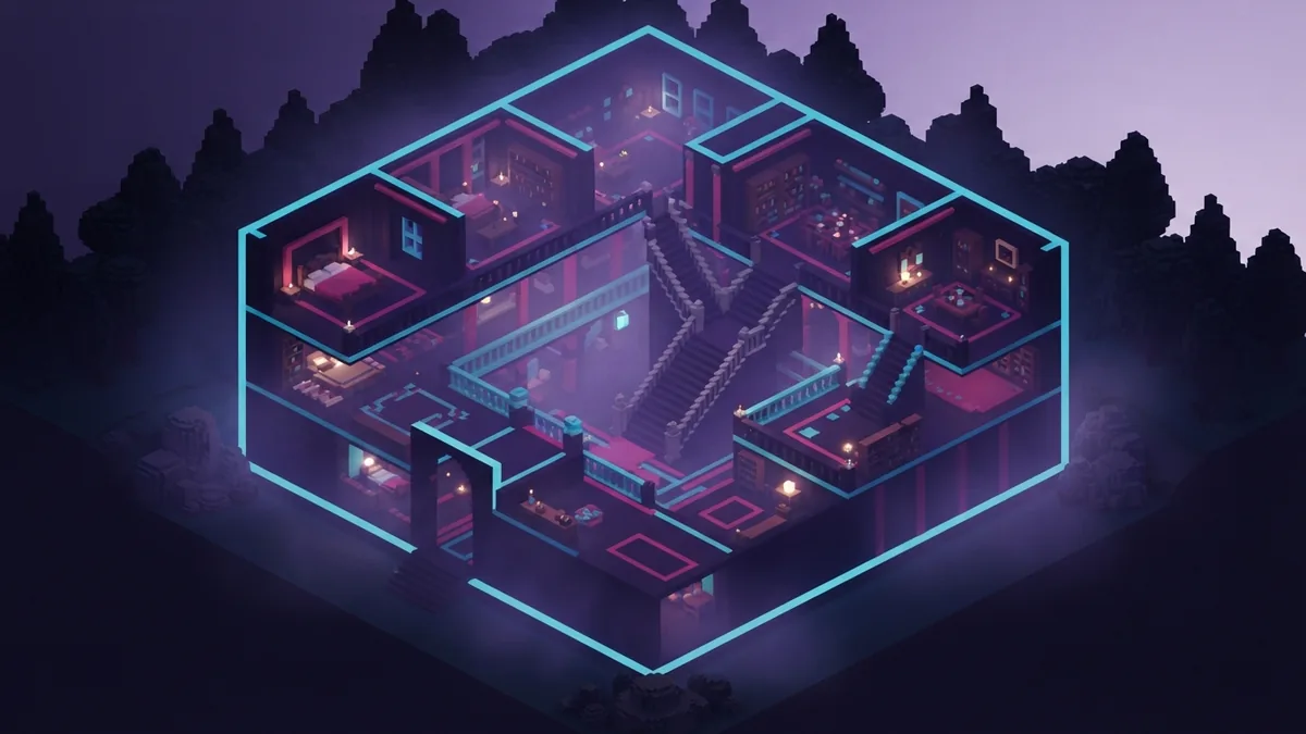 Mansion interior cutaway in violet light Isometric voxel mansion cutaway showing halls, rooms, and shadowy woodland surroundings
