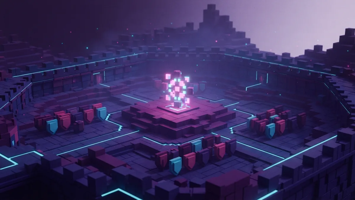 Voxel defensive arena with cover walls, raised platforms, and glowing paths